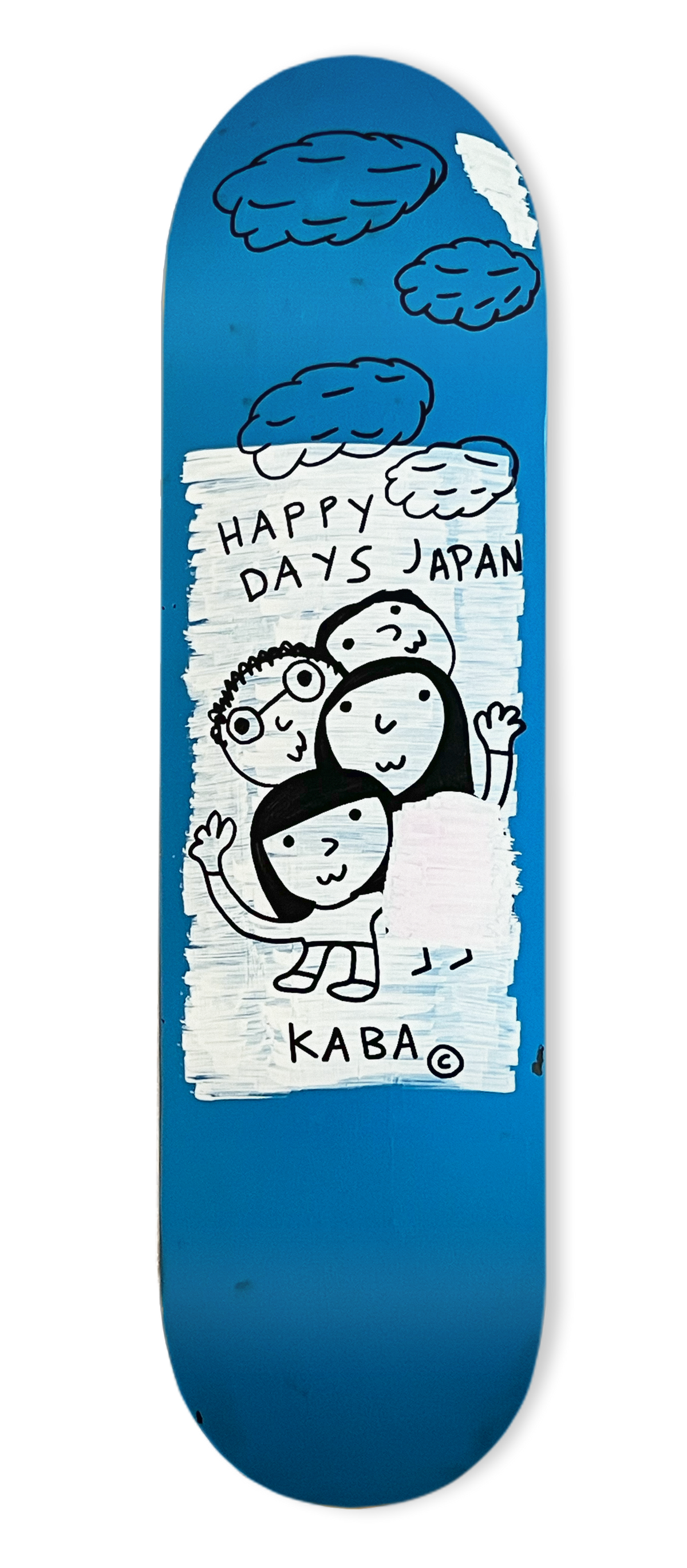 A blue skateboard deck with a graphic of three cartoon characters and the text 'HAPPY DAYS JAPAN' along with the brand name 'KABA'.