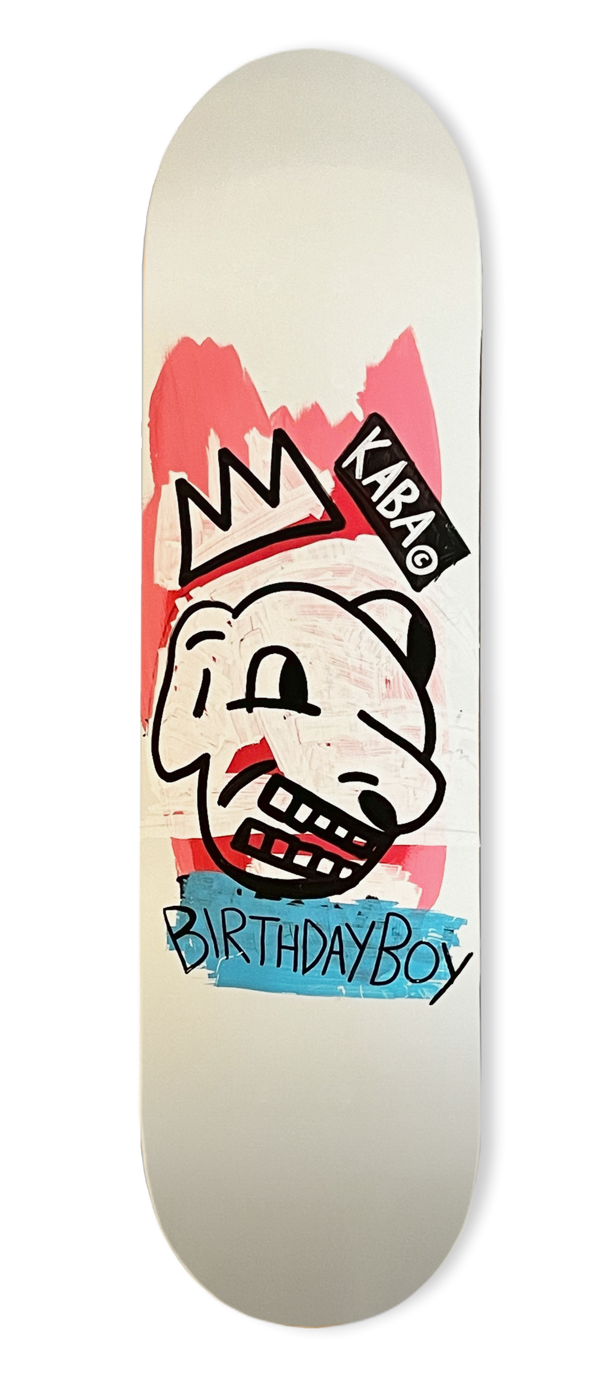 The image displays a skateboard deck with a vibrant and colorful design. It features a stylized, cartoon-like character in red and blue attire, with the text "YARD BOY" prominently shown.