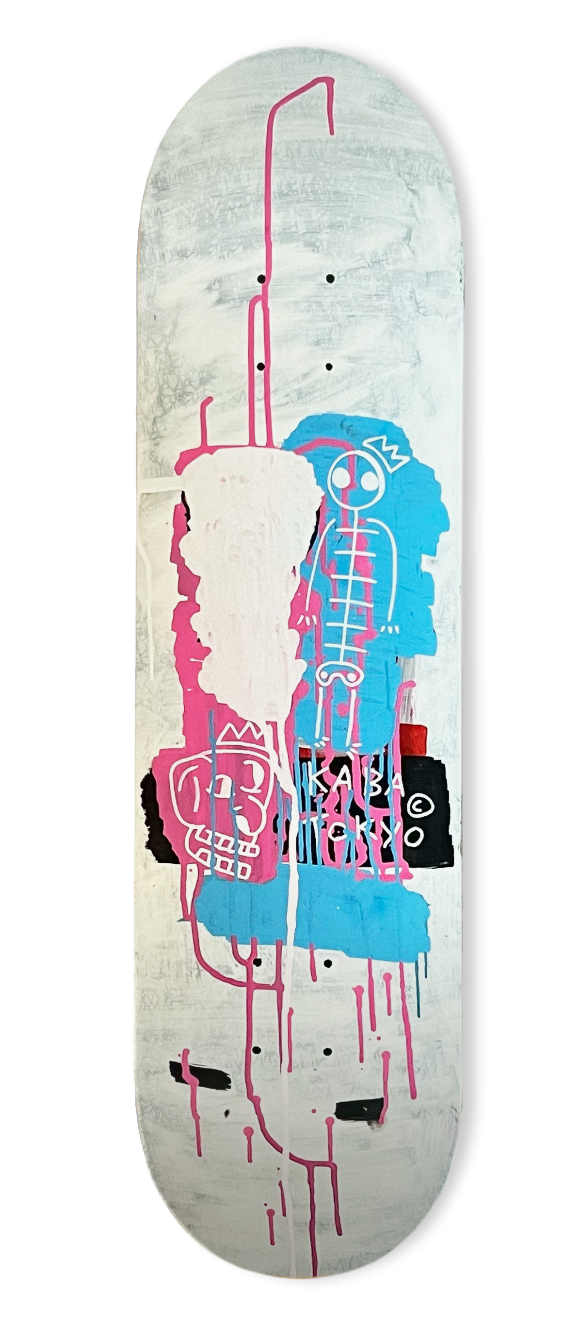 A skateboard deck with a polyurethane finish, featuring a central graphic with a character and abstract blue and pink splatters around it, and a small 'leaky speakers' text detail.