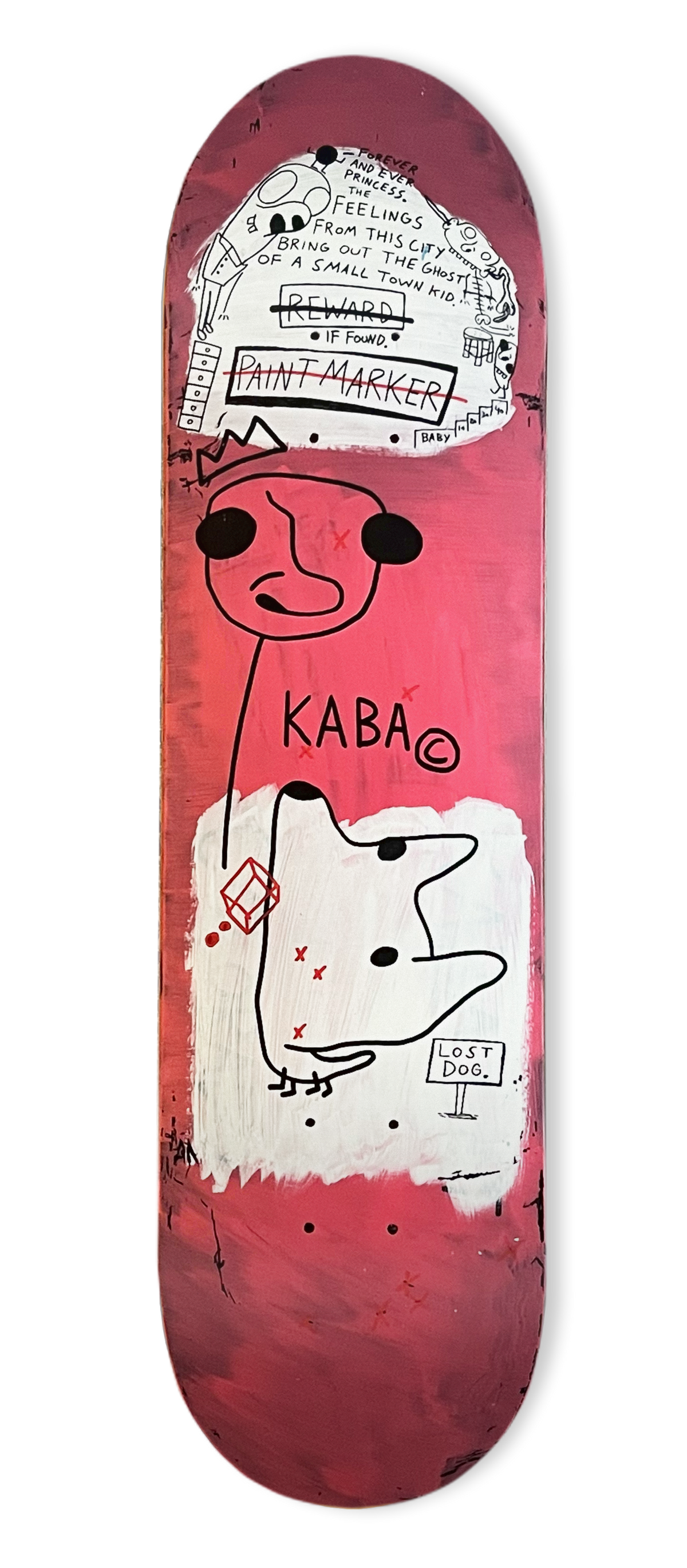 This image features a skateboard deck with a vibrant and artistic design, crafted by Kaba. The skateboard, sized at 8.