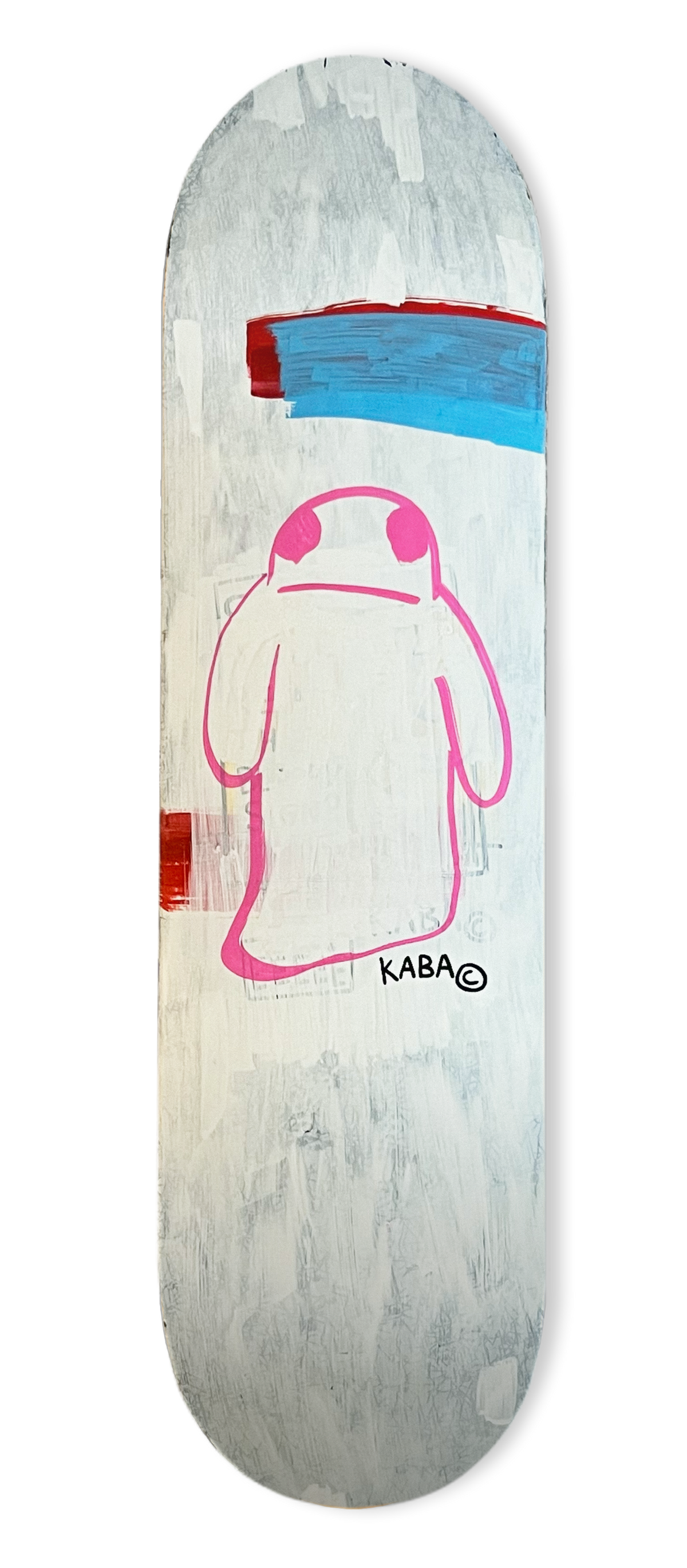 Skateboard deck with a graphic of a pink character on a white background, accompanied by blue and red details.