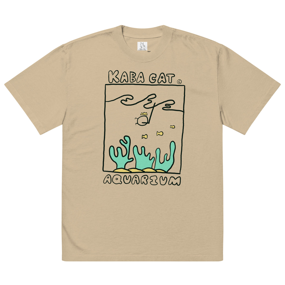 Beige t-shirt with a graphic design of a cat in an aquarium on a white background