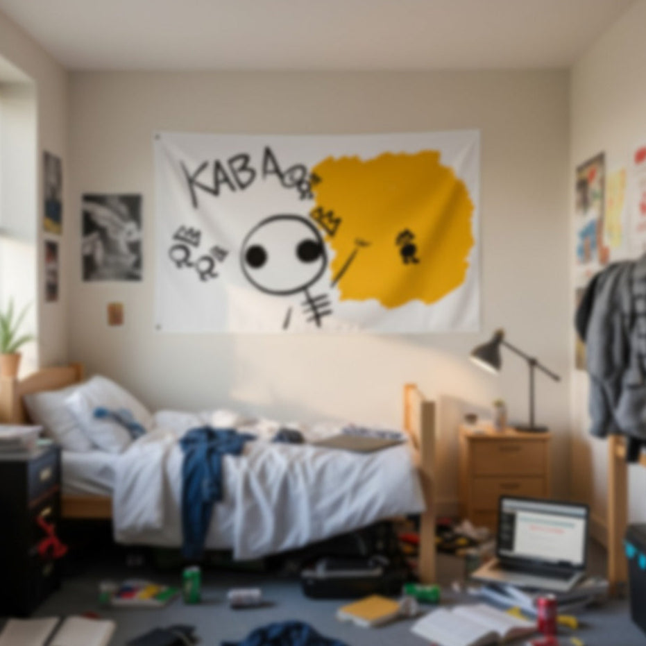 Blurred image of a dorm room with a bed, desk, and posters on the wall.